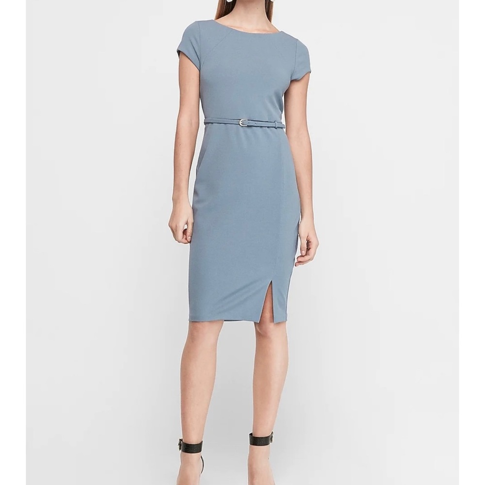 Express Blue Stretch Crepe Belted Cap Sleeve Dress - Picture 2 of 14